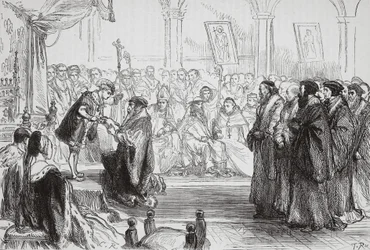 Beza presenterar den franska protestantiska kyrkans bekännelse för kungen vid Poissy-kollektionen, illustration från The History of Protestantism av James Aitken Wylie (1808-1890), pub. 1878 (eng