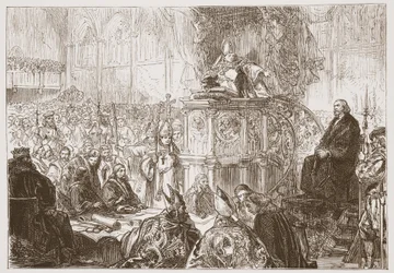Biskop av Lodi predikar vid rättegången mot Huss, illustration från The History of Protestantism av James Aitken Wylie (1808-1890), pub. 1878