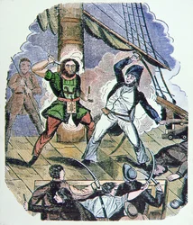 Blackbeards sista kamp (färgad gravyr)