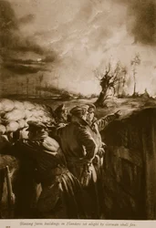 Brinnande gårdsbyggnader i Flandern tändes av tysk granatbrand, 1914-19