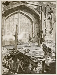 Spränger Cashmere-porten i Delhi, illustration från Cassells Illustrated History of England (sepiafoto)