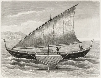 Boat of the Mortlock Islands, med stödben och segel av rush-matting, från 