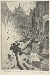 Bombardement av London: "I Ludgate Hill var scenen hemsk", frontispiceillustration från "Det stora kriget i England 1897" av William Le Queux