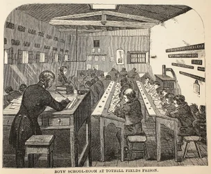 Skolrum för pojkar i Tothill Fields Prison, illustration från The Criminal Prisons of London och Scenes from Prison Life av Henry Mayhew och John Binny, pub. 1862