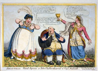 Bravurer, Rival Syrens eller John Bulls repetition av Capt. Macheath, pub. 1807 (handfärgad gravyr)