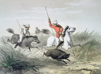 Brittiska arméofficerare som jagar vild gris i Indien