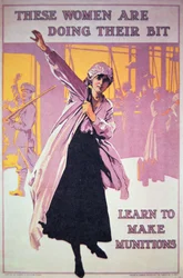 Brittisk affisch från första världskriget som uppmuntrar kvinnor att arbeta i ammunitionsfabriker, cirka 1914-18