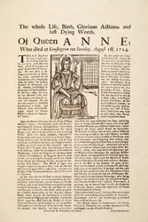 Broadside publicerad om drottning Annes död, söndagen den 1 augusti 1714 (tryck & träsnitt)