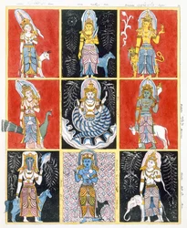 Buddhister som representerar stjärnorna, solen och månen, från The History and Doctrine of Buddhism av Edward Upham, 1829