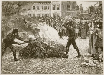 Broschyr Burning of Blounts av The Common Hangman, illustration från Cassells Illustrated History of England (sepiafoto)