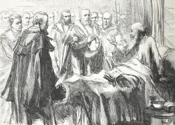 Calvin talar till rådet för sista gången, illustration från The History of Protestantism av James Aitken Wylie (1808-1890), pub. 1878