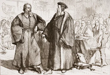 Calvin och Servetus inför rådet i Genève, illustration från The History of Protestantism av James Aitken Wylie (1808-1890), pub. 1878