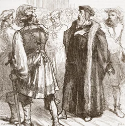 Calvin före sina fiender i rådet, illustration från The History of Protestantism av James Aitken Wylie (1808-1890), pub. 1878