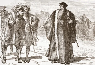 Calvin förolämpad av Libertines på Rhone Bridge, illustration från The History of Protestantism av James Aitken Wylie (1808-1890), pub. 1878