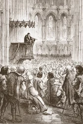 Calvin predikar sin avskedspredikan i väntan på förvisning, illustration från The History of Protestantism av James Aitken Wylie (1808-1890), pub. 1878