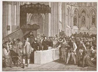 Calvin vägrar nattvarden till libertinerna, i St. Peters Cathedral, Genève, illustration från The History of Protestantism av James Aitken Wylie (1808-1890), pub. 1878