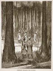 Cameron korsar Luwati, illustration från The Pictorial Edition av David Livingstones liv och upptäckter av J. Ewing Richie, pub. av A. Fullarton & Co., 1876