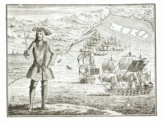 Kapten Bartholomew Roberts (1682-1722) med två fartyg, Royal Fortune and Ranger seglar i Whydah Road på Guineys kust, 11 januari 172?, från A General History of the Robberies och Mu