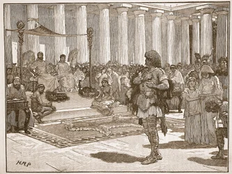 Caractacus före Claudius, illustration från Cassells Illustrated History of England (sepiafoto)