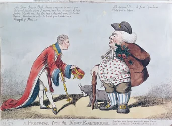 Karikatyr som förlöjligar Napoleon vid tidpunkten för proklamationen av Napoleon som kejsare den 18 maj 1804, 9 juli 1804