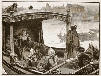 Catherine Howard förmedlas till tornet, illustration från Cassells Illustrated History of England (sepiafoto)