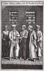 Vissa biskopar pratar med Mr Bradford i fängelset, illustration från Foxes Martyrs c.1703