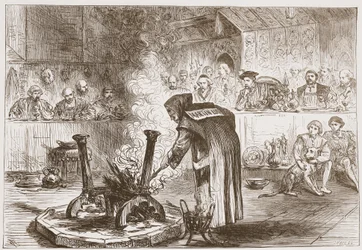 Charles ser The Play of the Masks, illustration från The History of Protestantism av James Aitken Wylie (1808-1890), pub. 1878