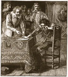 Charles undertecknar Commission of Assent to Straffords Attainder, illustration från Cassells Illustrated History of England (sepiafoto)