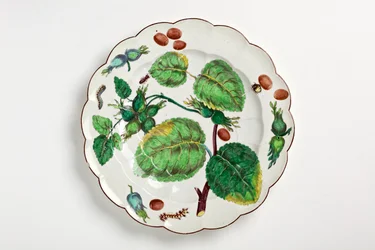 Chelsea tallrik dekorerad med botanisk illustration av nötter, insekter och löv, 1755 (porslin)