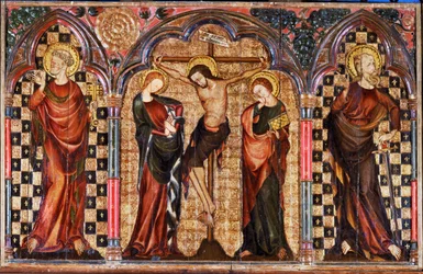 Kristus omgiven av Sankta Maria och Johannes Döparen, från korsfästelsealtarets mittstycke (tempera på trä)