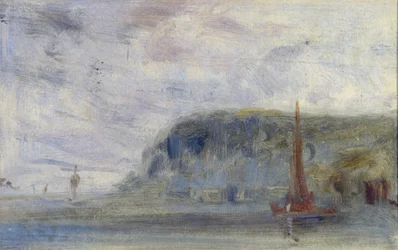 Kust med klippor och båtar som tidigare tillskrivits J.M.W. Turner (1775-1851) och även tillskriven Peter de Wint (1784-1849) (olja på papper)