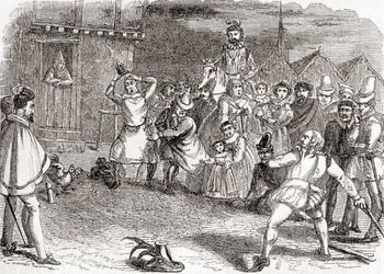 Tuppkastning, även kallad tuppskrämning eller kast mot tuppar, ur Old England: A Pictorial Museum, publicerad 1847