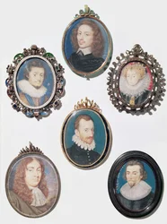 Samling miniatyrer, LtoR, översta raden: Fredrik V (1596-1632) Kurfurst Pfalz, kung av Böhmen