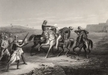 Överste John Platt dödades av myteristerna vid Mhow, 1 juli 1857, från "The History of the Indian Mytery", publicerad 1858