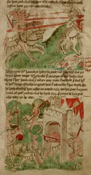 Färgade teckningar som visar de hundhövdade människorna ("Cynocephalus") på ön Nacumera, från "Travels of Sir John Mandeville" (pergament)