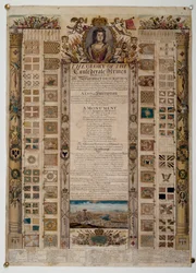 Jubileumsdiagram som visar standarder fångade från fransmännen efter slaget vid Blenheim, ca 1704 (färgad linjegravering)
