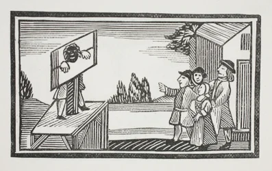 Dömd att stå i en timme eller mer i pelaren, illustration från Chap-books of the Eighteenth Century av John Ashton, pub. 1882