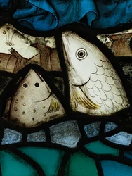 Bevarad del från Great East Window på York Minster: "Skapelsen dyrkar lammet"