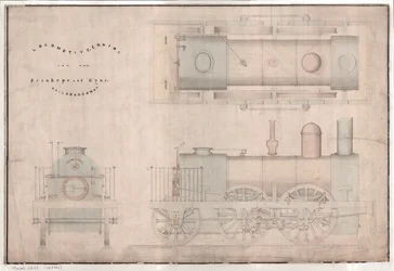 Konstruktionsritning, 0-4-2 lokomotiv och tender av R. och W. Hawthorn and Co. för Stanhope and Tyne Railway Co.