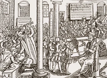 Samtida träsnitt av en gymnasium i Tudor