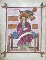 Cott Nero DIV f.209v St. John med hans symbol, från Lindisfarne-evangelierna, 710-721 (vellum)