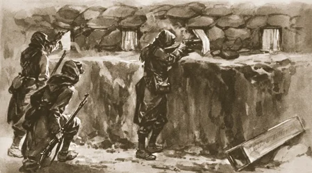 Fönstergardiner i stugor som skärmar med hål i trench: En fransk hjälpmedel för att förbrylla fiendens skarpskytt, från The Illustrated War News, 1915