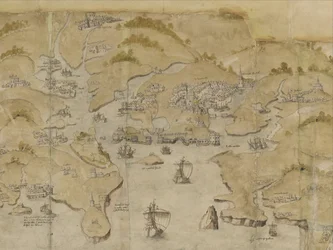 Bomull Augustus I. i. 38 Karta över kusten mellan Fowey och Salcombe, inklusive Plymouth. Del av en panoramakarta över kusten från Lands End till Exmouth, ca 1539 (bläck & färg på veläng)