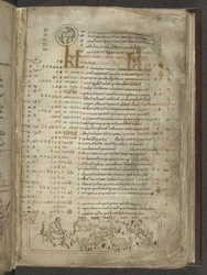 Bomull Julius A. VI, f.5, kalendersida för maj: Herdar och flock (vellum)