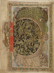 Bomull Nero C IV f.39 Helvetets käftar fästa av en ängel, från Henriks psalter av Blois, c.1121-61 (vellum)
