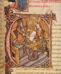 Cotton Nero D VI fol.31 Edvard III ger Svarta prinsen furstendömet Akvitanien