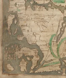 Cotton Tiberius B.V, Del 1, f.56v The Tiberius Map, Mappa Mundi, detalj av Västeuropa och Brittiska öarna (vellum)
