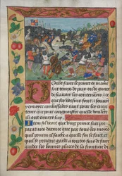 Bomull Vespasianus A xvii, f.13v, Kungen av England reste sig på en vit häst, jagande den flyende kungen av Frankrike, från Robert de Balsacs Manual on Warfare for the Instruction of a Prince, c.1490s (vellum)