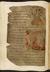 Bomull Vitellius A. XV f.103v, Ett träd från vilket balsam växer; en donestre, en man med djurhuvud, till vänster som håller ett mänskligt ben och fot, och en person till höger, illustration från Beowulf, från 