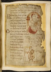 Cotton Vitellius A. XV f.106r, En man sittande på en kudde under en båge; två catini, odjur med öppen mun som hundar; en klädd man med en stav, sträcker ut sin hand till en annan man, illustration från Beowulf, från 